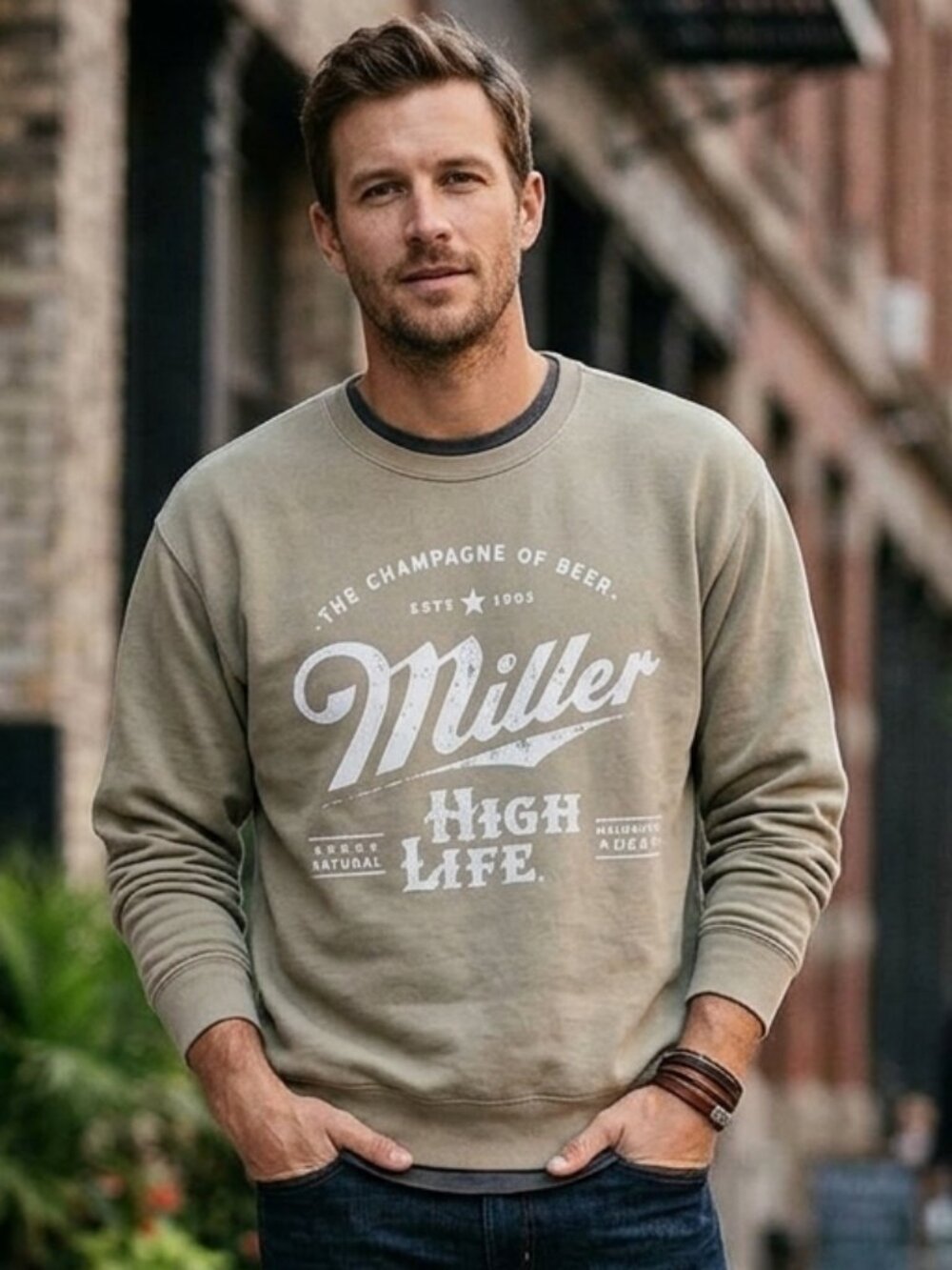 Miller Sweatshirt Medium High Life Men's Crewneck - Taupe Unisex Graphic